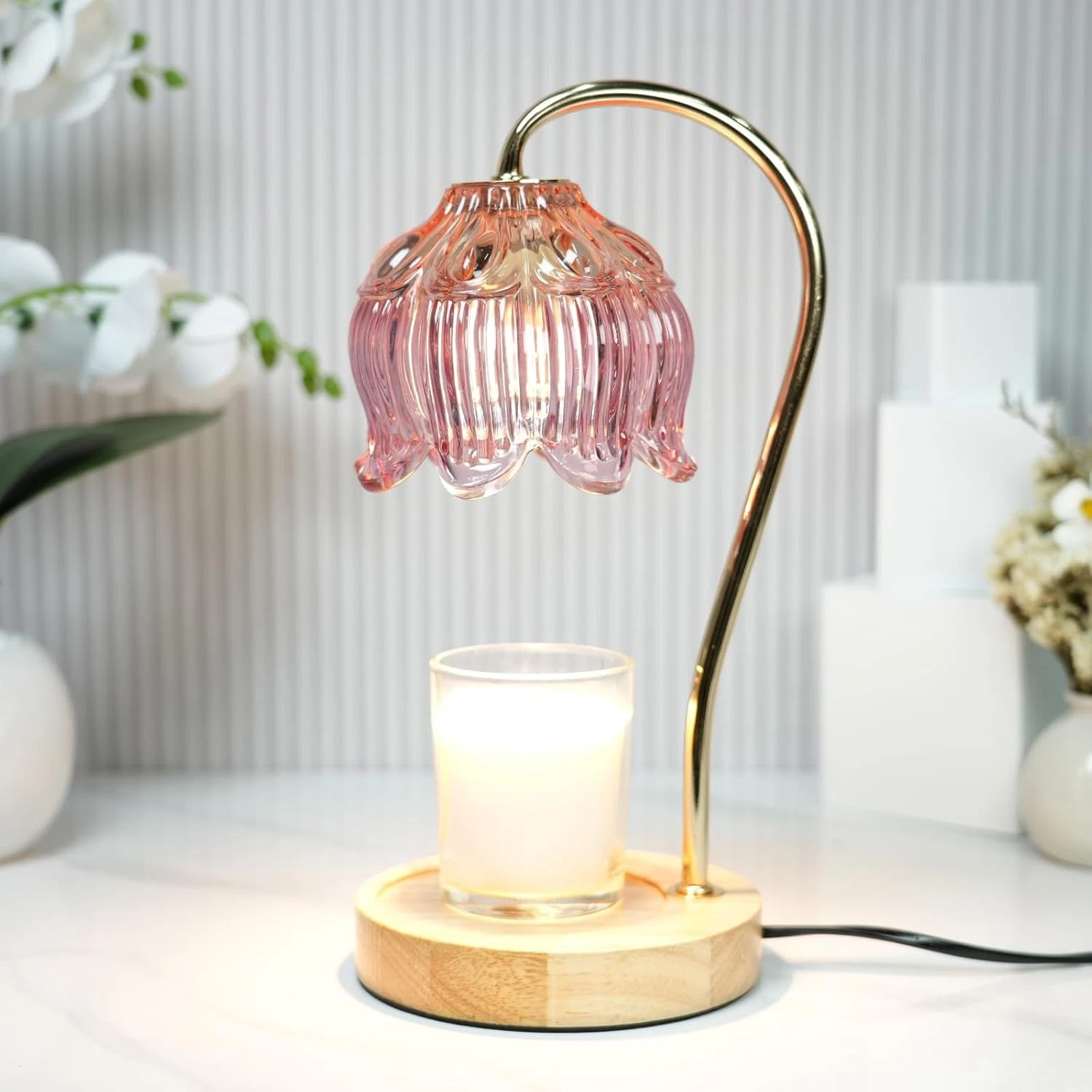 Dimmable Flower Candle Warmer Lamp, Pink Candle Warmer with Timer & 4Bulbs
